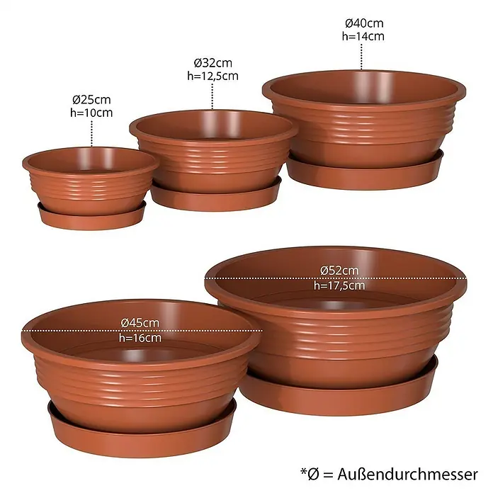 Plastard Pflanzschale rund Milano 3er Set mit Untersetzer in Terrakotta – Blumenschale - Außenmaß (Ø x H): 45 x 16 cm, Kunststoff, Terrakotta - Set brauner Kunststoff-Pflanztöpfe in verschiedenen Größen, jeweils mit passendem Untersetzer.