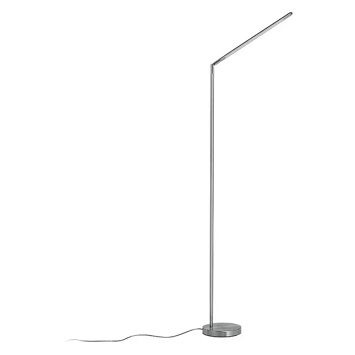 Lindby Stehleuchte Jabbo - alu / grau / zink, alu / grau / zink - Elegante, moderne silberne Stehleuchte mit abgewinkelter LED-Leiste und rundem Sockel.