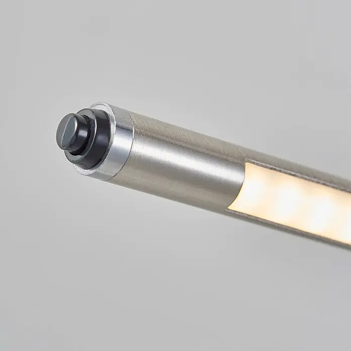 Lindby Stehleuchte Jabbo - alu / grau / zink, alu / grau / zink - Zylindrische LED-Lichtschiene aus gebürstetem Metall mit schwarzem Druckknopf, strahlt warmweißes Licht aus.