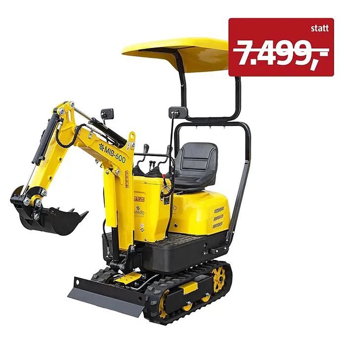 Bamato Minibagger MIB-600 inkl. Zubehörset - 6.300 W, Benzin, Auslegerschwenkbereich: 70 ° - Kompakter gelber Minibagger mit schwarzen Ketten, Sitz und Schaufel, ausgestattet mit einem gelben Schutzdach.