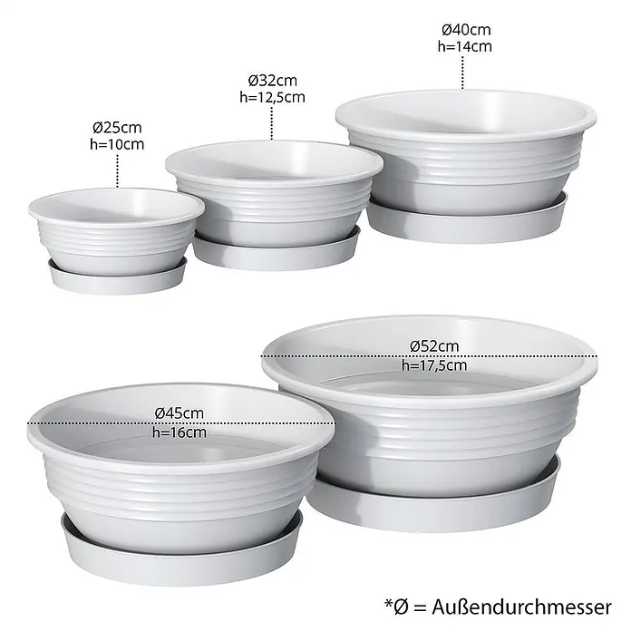Plastard Pflanzschale rund Milano 3er Set mit Untersetzer in Weiß – Blumenschale - Außenmaß (Ø x H): 45 x 16 cm, Kunststoff, Weiß - Set aus fünf weißen Kunststoff-Pflanzgefäßen mit Untersetzern in verschiedenen Größen, inklusive Durchmesser- und Höhenangaben.