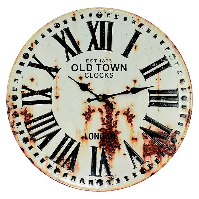 Wanduhr Old town clocks - Durchmesser: 40 cm, Bunt - Rustikale Wanduhr im Vintage-Stil mit römischen Ziffern und Aufdruck "Old Town Clocks".
