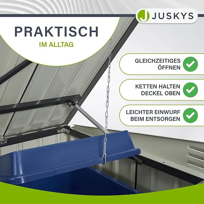 Juskys Mülltonnenbox Namur - 200 x 105 cm, Metall, Anthrazit, Geeignet für Anzahl Mülltonnen: 3 Stk. - Offener Metallschuppen mit blauer Tonne. Ketten verbinden den Tonnen- und Schuppendeckel für gleichzeitiges Öffnen und leichte Entsorgung.