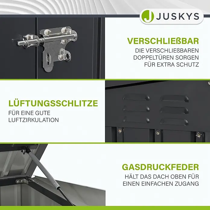 Juskys Mülltonnenbox Namur - 200 x 105 cm, Metall, Anthrazit, Geeignet für Anzahl Mülltonnen: 3 Stk. - Dunkelgraue Aufbewahrungsbox mit abschließbarem Riegel, Lüftungsschlitzen und Gasdruckfeder für einfachen Deckelzugang.