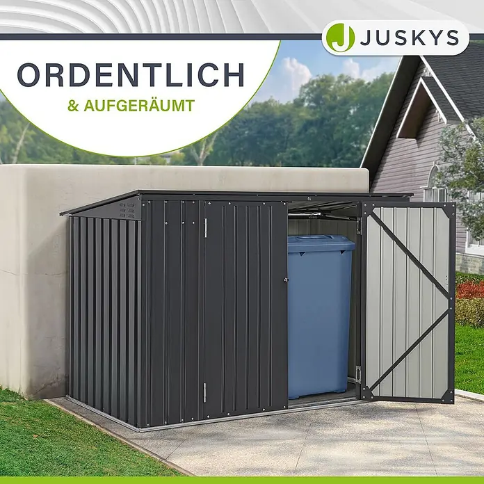 Juskys Mülltonnenbox Namur - 200 x 105 cm, Metall, Anthrazit, Geeignet für Anzahl Mülltonnen: 3 Stk. - Dunkelgrauer Metall-Geräteschuppen mit offener Tür, zeigt eine blaue Mülltonne. Hält den Garten ordentlich.