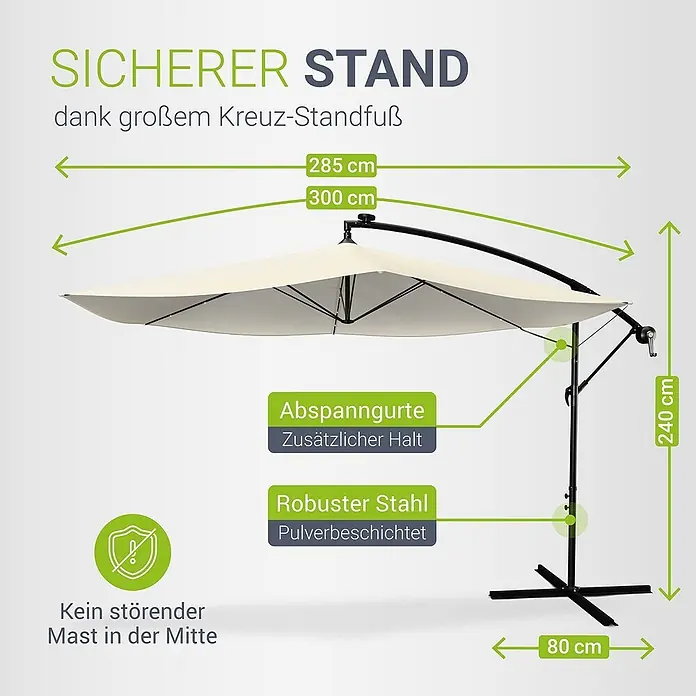 Juskys Ampelschirm rund Brazil inkl LED - creme, Durchmesser Bespannung: 300 cm - Cremefarbener Ampelschirm mit schwarzem pulverbeschichtetem Stahlrahmen und stabilem Kreuzfuß, spendet Schatten ohne Mittelstange.