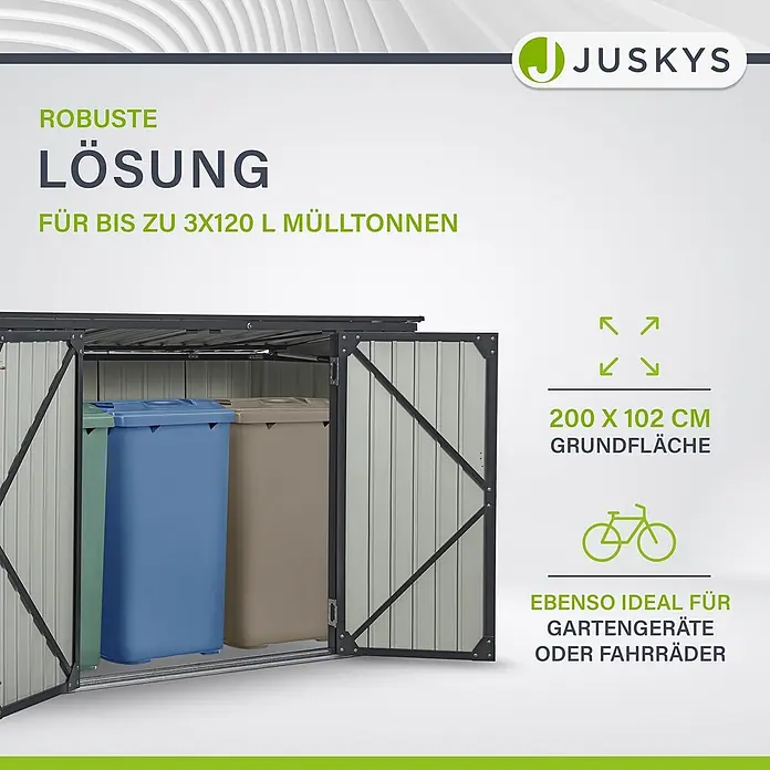 Juskys Mülltonnenbox Namur - 200 x 105 cm, Metall, Anthrazit, Geeignet für Anzahl Mülltonnen: 3 Stk. - Graues Metall-Gerätehaus für drei Mülltonnen, auch für Gartengeräte oder Fahrräder geeignet.