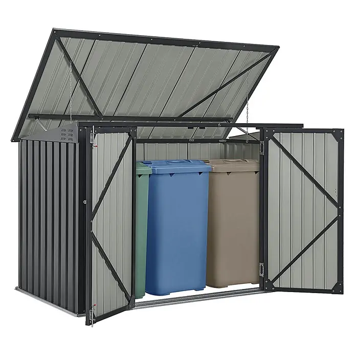 Juskys Mülltonnenbox Namur - 200 x 105 cm, Metall, Anthrazit, Geeignet für Anzahl Mülltonnen: 3 Stk. - Metall-Mülltonnenbox, dunkelgrauer Rahmen, hellgraue Paneele. Mit Hubdach und Doppeltüren, fasst drei Mülltonnen.