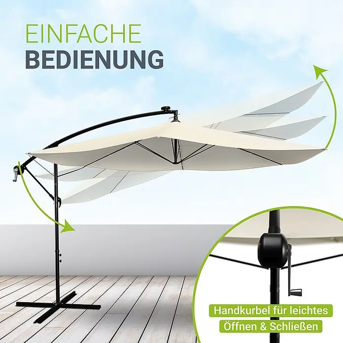 Juskys Ampelschirm rund Brazil inkl LED - creme, Durchmesser Bespannung: 300 cm - Beiger Ampelschirm mit schwarzem Gestell auf Holzterrasse, mit Kurbel zum einfachen Öffnen/Schließen und verstellbarer Neigung.