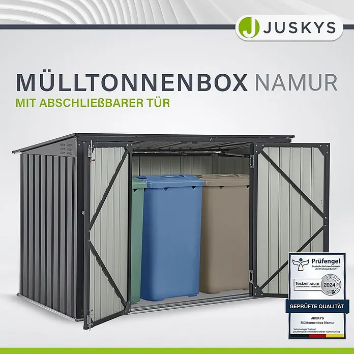 Juskys Mülltonnenbox Namur - 200 x 105 cm, Metall, Anthrazit, Geeignet für Anzahl Mülltonnen: 3 Stk. - Zweifarbige graue Mülltonnenbox aus Metall mit geöffneten, abschließbaren Türen, drei Mülltonnen innen.