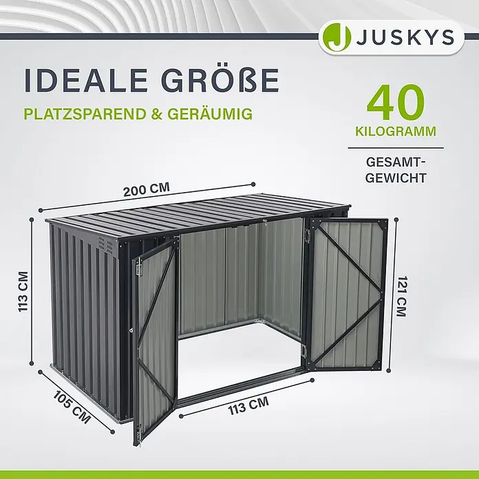 Juskys Mülltonnenbox Namur - 200 x 105 cm, Metall, Anthrazit, Geeignet für Anzahl Mülltonnen: 3 Stk. - Dunkelgrauer Metall-Geräteschuppen mit geöffneten Türen, zeigt Abmessungen (200x105x113 cm, Türhöhe 121 cm) und 40 kg Gesamtgewicht.