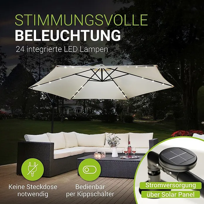 Juskys Ampelschirm rund Brazil inkl LED - creme, Durchmesser Bespannung: 300 cm - Beleuchteter Garten-Ampelschirm mit 24 LED-Leuchten und Solarpanel, der eine Outdoor-Sitzgruppe überdacht.
