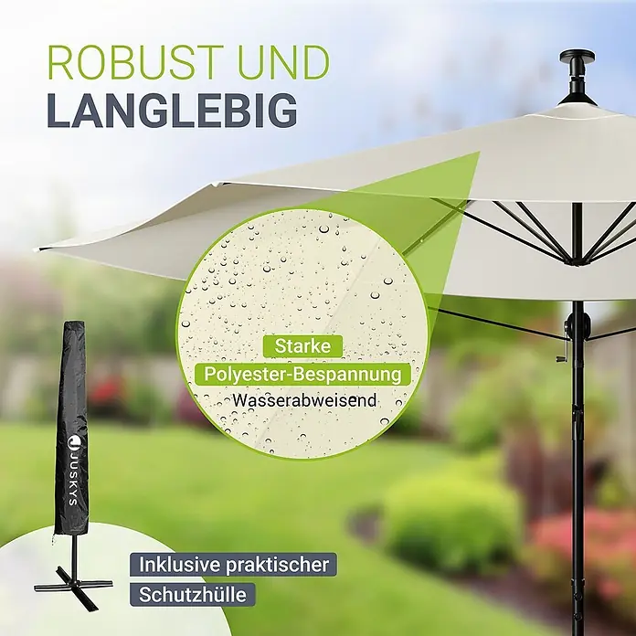 Juskys Ampelschirm rund Brazil inkl LED - creme, Durchmesser Bespannung: 300 cm - Heller Polyester-Sonnenschirm mit wasserabweisender Bespannung im Garten. Inklusive schwarzer Schutzhülle.