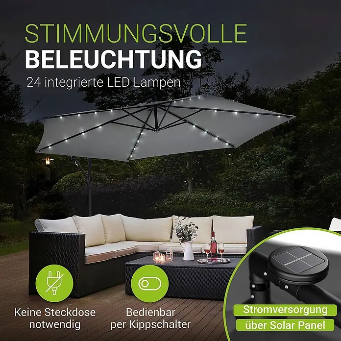 Juskys Ampelschirm rund Brazil inkl. LED - dunkelgrau, Durchmesser Bespannung: 350 cm - Grauer Sonnenschirm mit 24 integrierten LED-Leuchten beleuchtet eine Terrasse bei Nacht, solarbetrieben.