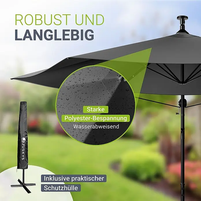 Juskys Ampelschirm rund Brazil inkl. LED - dunkelgrau, Durchmesser Bespannung: 350 cm - Dunkelgrauer Outdoor-Sonnenschirm mit wasserabweisender Polyesterbespannung, inklusive Schutzhülle.