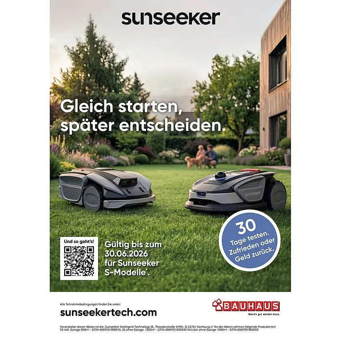 Sunseeker Mähroboter S5 - 1.600 m², Schnittbreite: 20 cm, Kamera-gestützte Navigation, RTK - Zwei graue Sunseeker Mähroboter. Einer im Vordergrund, der andere links dahinter.
