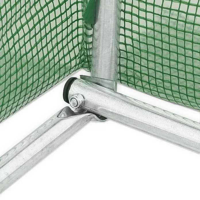 Furnicato Gewächshaus - 4 x 400 cm, Material Seitenwand: Kunststoff, 38 mm, Grau - Verzinktes Metalleckgelenk verbindet Rohre mit grünem Netzgewebe, Teil einer Gewächshausstruktur.
