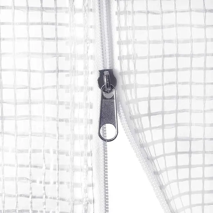 Furnicato Gewächshaus verzinkter Stahl - 3 x 2 cm, Material Seitenwand: Kunststoff, 38 mm, Grau - Nahaufnahme eines Metallreißverschlusses auf transparentem, gitterverstärktem Kunststoff.