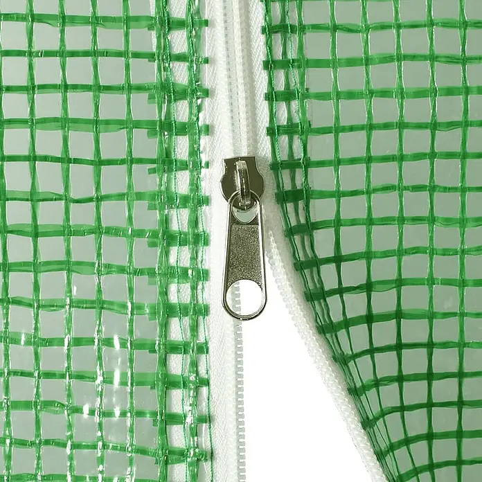 Furnicato Gewächshaus - 20 x 5 cm, Material Seitenwand: Kunststoff, 38 mm, Grau - Weißer Reißverschluss mit silbernem Griff auf klarer Kunststofffolie mit grüner Gitterverstärkung.
