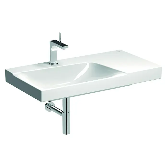 Geberit Xeno² Waschtisch - 90 x 48 cm, Mit schmutzabweisender Glasur, Ohne Überlauf, Ablagefläche: Rechts, Weiß - Ein weißes, modernes Waschbecken mit glänzender Armatur und verchromtem Siphon für ein stilvolles Badezimmerdesign.