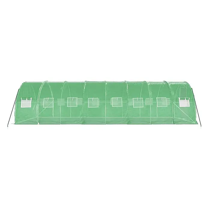 Furnicato Gewächshaus verzinkter Stahl - 8 x 3 cm, Material Seitenwand: Kunststoff, 38 mm, Grau - Langes Tunnelgewächshaus mit grüner lichtdurchlässiger Kunststoffabdeckung und mehreren weißen aufrollbaren Belüftungsfenstern auf Metallrahmen.