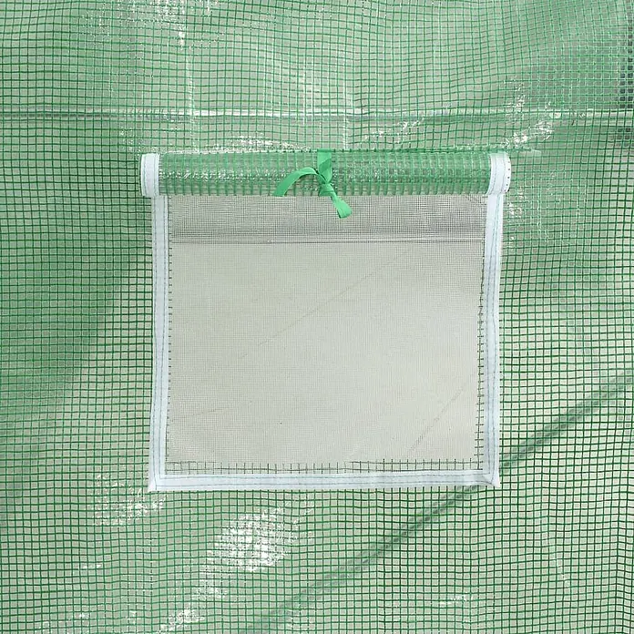 Furnicato Gewächshaus verzinkter Stahl - 4 x 4 cm, Material Seitenwand: Kunststoff, 38 mm, Grau - Grüne Gitter-Gewächshausabdeckung mit aufgerolltem Fenster und Fliegengitter, mit Band befestigt.