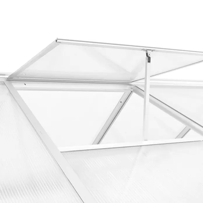 Furnicato Gewächshaus aus Polycarbonat, 362 x 190 x 195 cm -  - Offene Gewächshaus-Dachluke mit silbernem Aluminiumrahmen und klaren gerippten Paneelen.