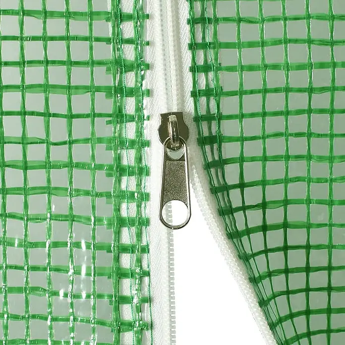 Furnicato Gewächshaus verzinkter Stahl - 14 x 3 cm, Material Seitenwand: Kunststoff, 38 mm, Grau - Silberner Reißverschlusschieber an weißem Reißverschluss, befestigt an transparenter Plane mit grünem Netzgewebe.
