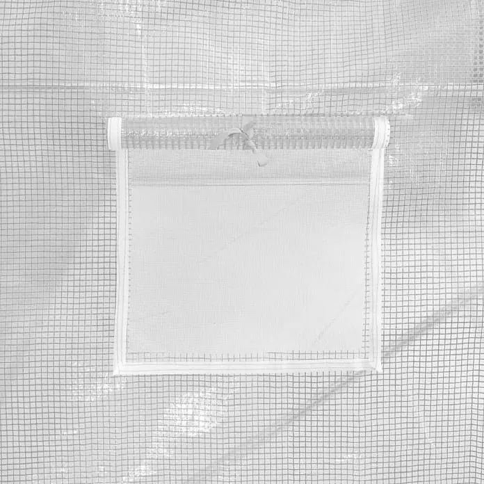 Furnicato Gewächshaus - 4 x 3 cm, Material Seitenwand: Kunststoff, 38 mm, Grau - Aufrollbares Netzfenster mit weißem Rand an einer klaren, gittergemusterten Gewächshausabdeckung, zur Belüftung hochgebunden.