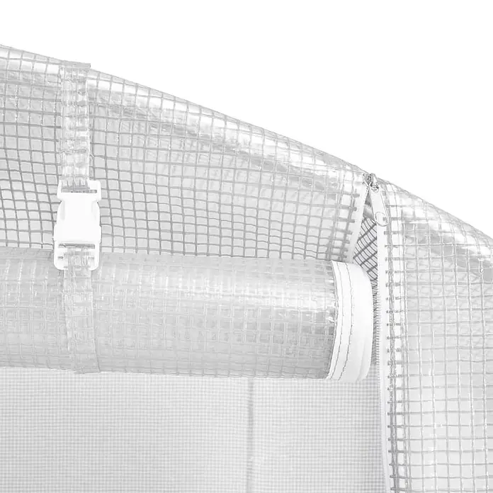 Furnicato Gewächshaus verzinkter Stahl - 12 x 2 cm, Material Seitenwand: Kunststoff, 38 mm, Grau - Transparente, gitterverstärkte Gewächshausabdeckung mit weißem Reißverschluss und hochgerolltem Teil mit Schnalle.