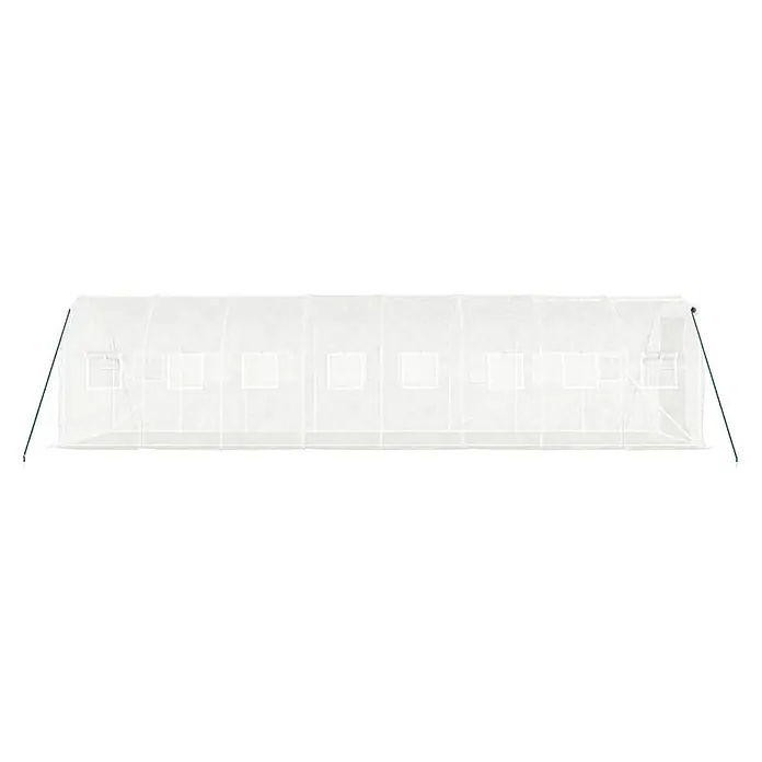 Furnicato Gewächshaus - 8 x 2 cm, Material Seitenwand: Kunststoff, 38 mm, Grau - Langes weißes Folien-Gewächshaus mit mehreren Fenstern und grünen Stützstangen.