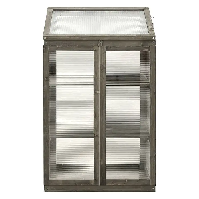 Furnicato Gewächshaus - 60 x 45 cm, Material Seitenwand: Holz, 38 mm, grau - Kompaktes graues Holzgewächshaus mit transparenten geriffelten Kunststoffplatten und aufklappbarem Dach, Doppeltüren.