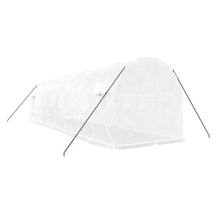 Furnicato Gewächshaus - 8 x 2 cm, Material Seitenwand: Kunststoff, 38 mm, Grau - Langer, weißer, lichtdurchlässiger Gewächshaus-Tunnel mit grünen Stützstangen.