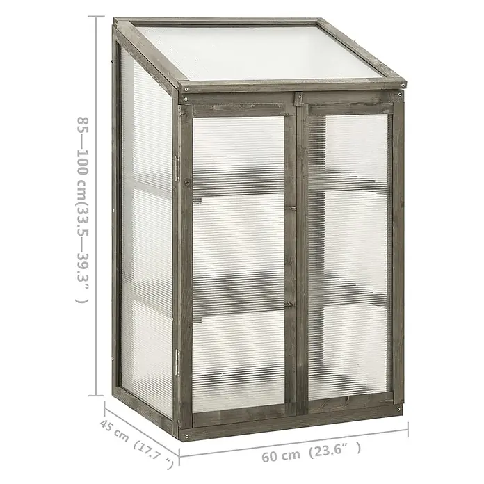 Furnicato Gewächshaus - 60 x 45 cm, Material Seitenwand: Holz, 38 mm, grau - Graues Holz-Mini-Gewächshaus mit transparenten Platten, 85-100 cm H x 60 cm B x 45 cm T.