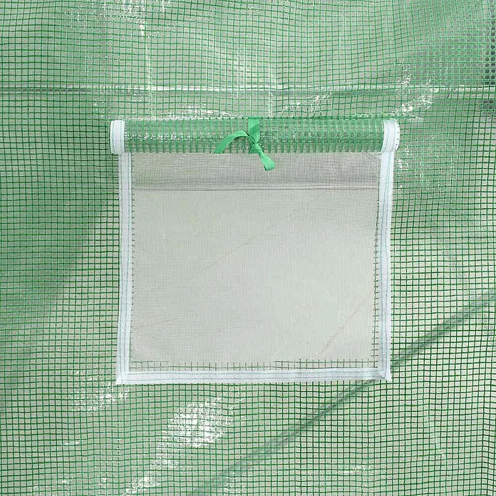 Furnicato Gewächshaus - 3 x 300 cm, Material Seitenwand: Kunststoff, 38 mm, Grau - Gewächshausabdeckung mit hochgerolltem weißen Netzfenster, mit grünem Band befestigt.