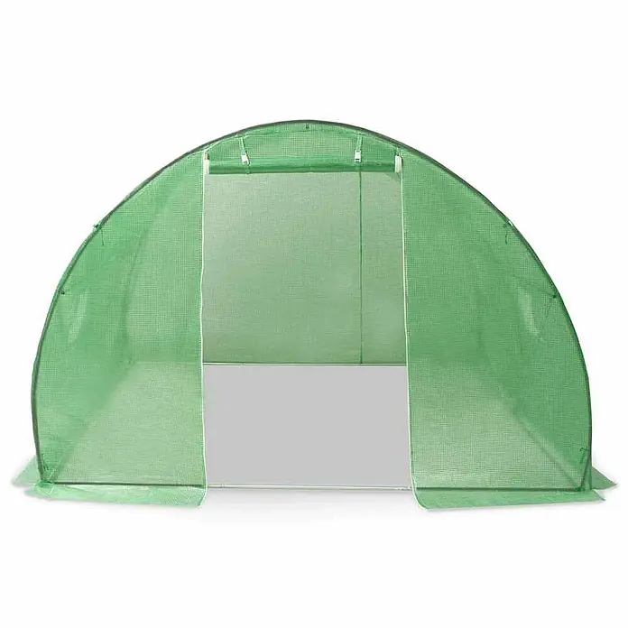 Furnicato Gewächshaus - 3 x 3 cm, Material Seitenwand: Kunststoff, 38 mm, Grau - Grünes bogenförmiges Tunnelgewächshaus aus durchscheinendem Netzstoff mit offenem Eingang.