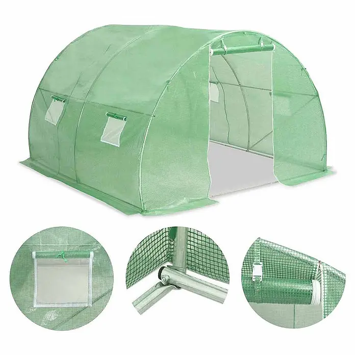 Furnicato Gewächshaus - 3 x 3 cm, Material Seitenwand: Kunststoff, 38 mm, Grau - Grünes Tunnelgewächshaus mit Rolltür und Seitenfenstern, aus durchscheinendem, netzverstärktem Material auf Metallrahmen.