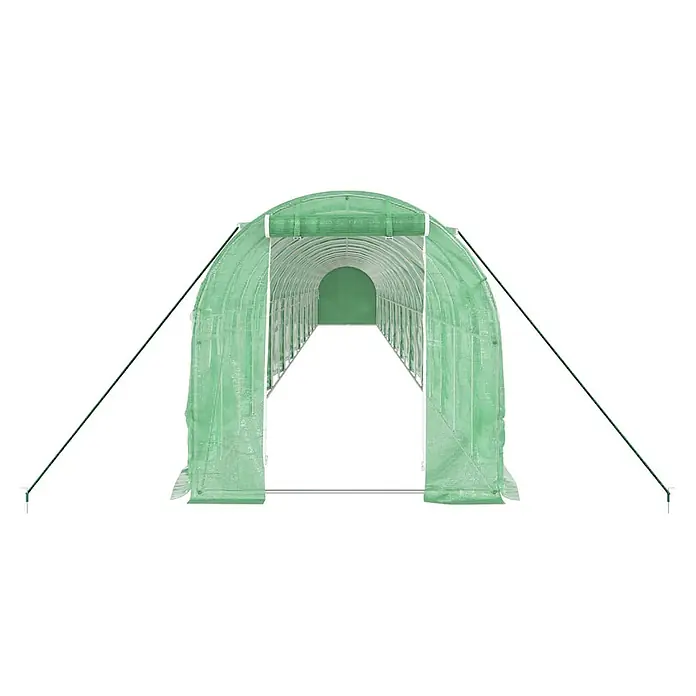 Furnicato Gewächshaus - 20 x 2 cm, Material Seitenwand: Kunststoff, 38 mm, Grau - Grüner Folientunnel mit halbtransparenter Abdeckung, Metallrahmen und zwei Abspannseilen, von vorne gesehen.