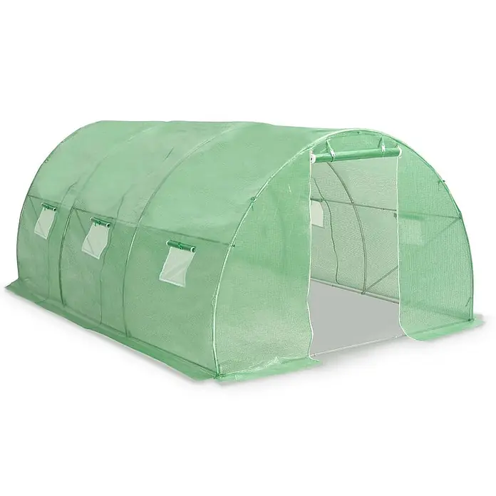 Furnicato Gewächshaus PE-Netzgewebe - 3 x 300 cm, Material Seitenwand: Kunststoff, 38 mm, Grau - Grünes Tunnel-Gewächshaus aus durchscheinendem Netzmaterial, mit aufrollbaren Fenstern und offenem Eingang.