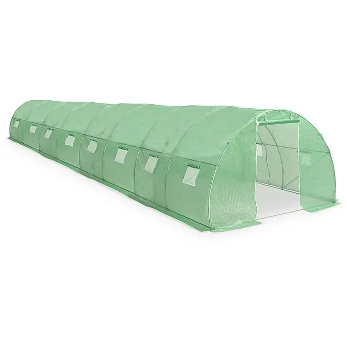 Furnicato Gewächshaus - 3 x 300 cm, Material Seitenwand: Kunststoff, 38 mm, Grün - Langes grünes Folientunnel-Gewächshaus mit mehreren Seitenfenstern und offenem Eingang.