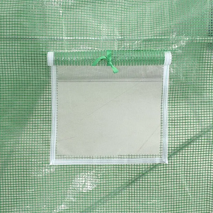 Furnicato Gewächshaus - 3 x 300 cm, Material Seitenwand: Kunststoff, 38 mm, Grau - Grüne Gitter-Gewächshausfolie mit hochgerolltem und gebundenem Netzfenster zur Belüftung.