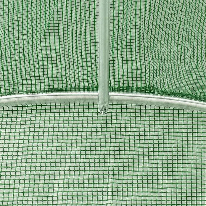 Furnicato Gewächshaus - 3 x 300 cm, Material Seitenwand: Kunststoff, 38 mm, Grau - Grünes Gewächshausnetz und silbernes Metallgestell im Detail.