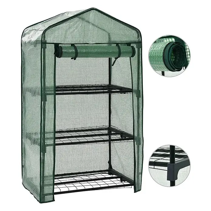 Furnicato Gewächshaus - 69 x 49 cm, Material Seitenwand: Kunststoff, 38 mm, Grün - Grünes tragbares Mini-Gewächshaus mit transparenter Netzabdeckung und drei internen Regalen.