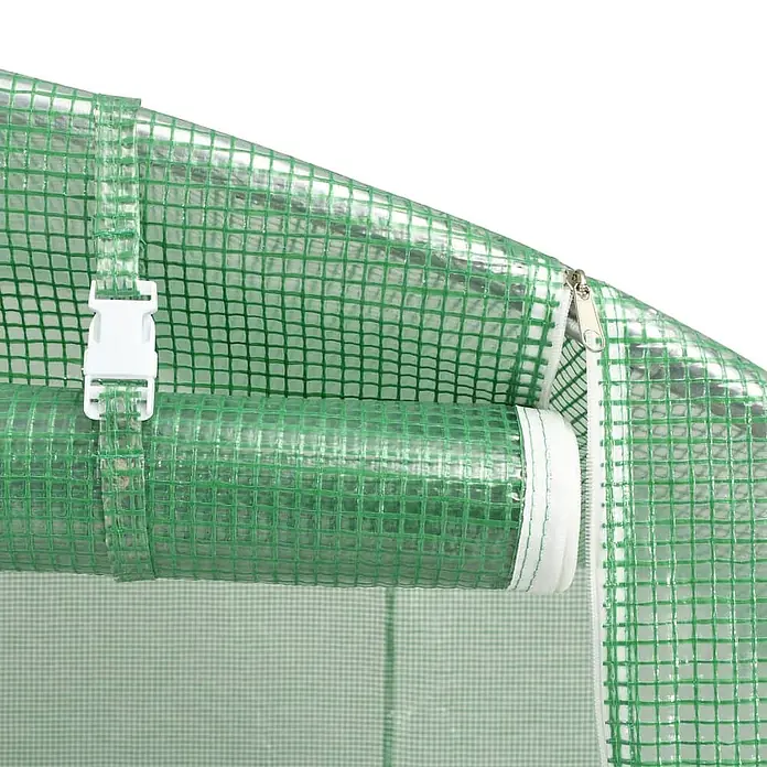 Furnicato Gewächshaus - 3 x 300 cm, Material Seitenwand: Kunststoff, 38 mm, Grau - Grüne Gitter-Gewächshausabdeckung, hochgerollt und mit weißer Schnalle neben einem Reißverschluss befestigt.