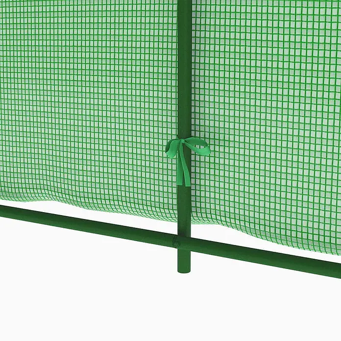 Furnicato Gewächshaus - 2 x 200 cm, Material Seitenwand: Kunststoff, 38 mm, Grau - Grüner Gewächshaus-Netzbezug, mit Band an einem grünen Rahmen befestigt.