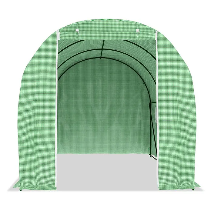 Furnicato Gewächshaus - 2 x 200 cm, Material Seitenwand: Kunststoff, 38 mm, Grau - Grünes Tunnelgewächshaus aus gittergemustertem Material, vorne offen, zeigt Innenrahmen.