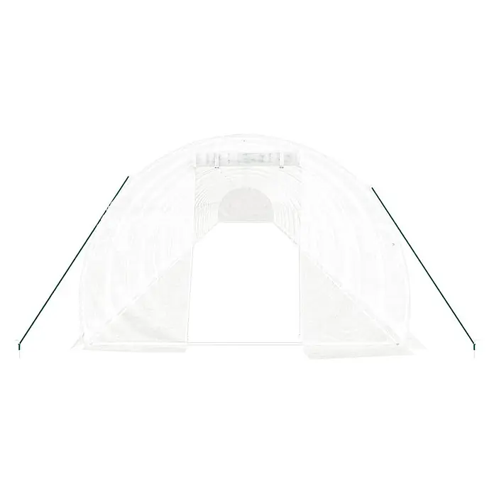 Furnicato Gewächshaus verzinkter Stahl - 24 x 3 cm, Material Seitenwand: Kunststoff, 38 mm, Grau - Weißes, transluzentes Tunnelgewächshaus mit offenem Eingang, gestützt von grünen Stangen.