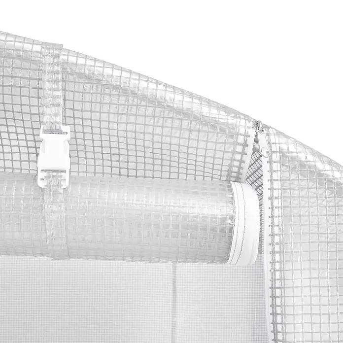 Furnicato Gewächshaus verzinkter Stahl - 24 x 3 cm, Material Seitenwand: Kunststoff, 38 mm, Grau - Transparente, gitterverstärkte Gewächshausfolie, hochgerollt und mit weißer Schnalle gesichert, neben einem Reißverschluss.