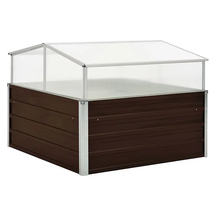 Furnicato Gewächshaus - Außenmaß inkl. Dachüberstand (B x T): 100 x 100 cm, Material Seitenwand: Stahl, Braun - Braunes Hochbeet aus Wellblech mit transparentem Frühbeet-Aufsatz aus Kunststoff.