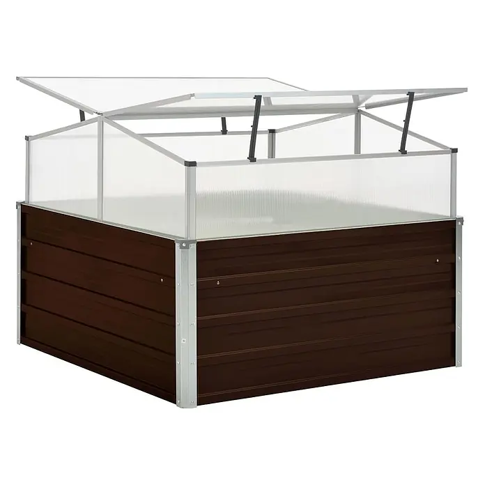 Furnicato Gewächshaus - Außenmaß inkl. Dachüberstand (B x T): 100 x 100 cm, Material Seitenwand: Stahl, Braun - Braunes Hochbeet aus Metall mit offenem transparentem Frühbeetaufsatz aus Polycarbonat mit silbernen Aluminiumstützen.